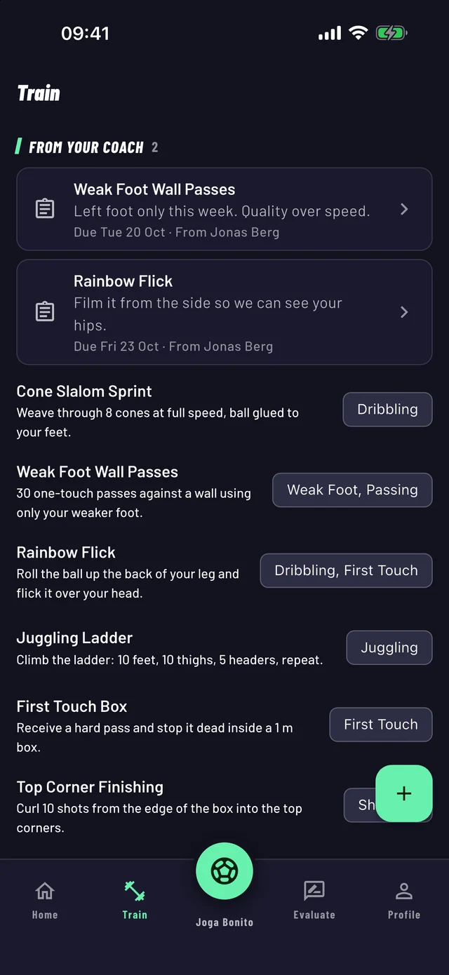 The Train screen with drills from a coach and a list of exercises.